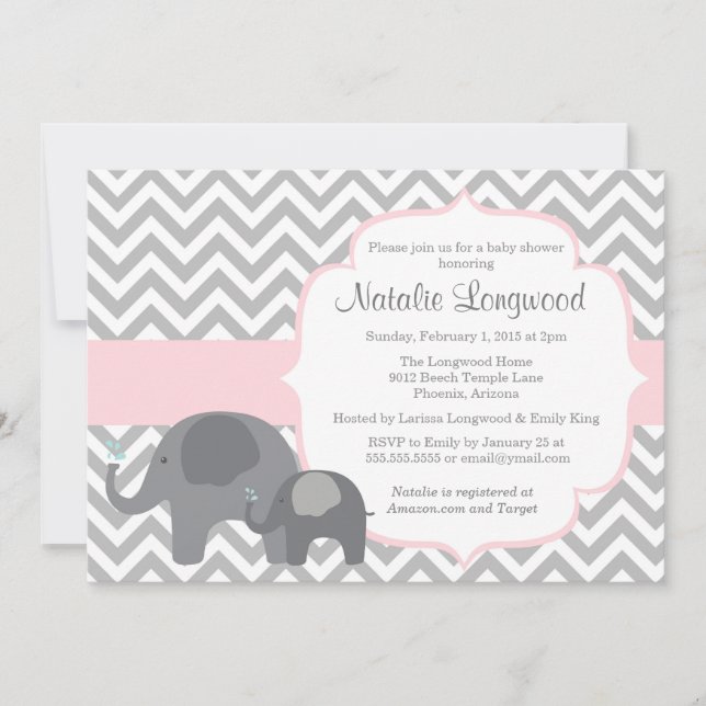 Elephant Baby Shower Invitation, chevron with pink Invitation (Front)