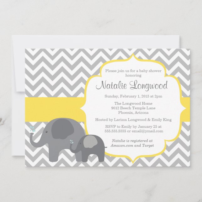 Elephant Baby Shower Invitation, chevron yellow Invitation (Front)