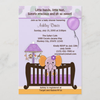 ELEPHANT Baby Shower Invitation Crib PURPLE CJ-E