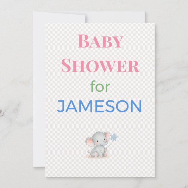 Elephant Baby Shower Invitation Custom Name (Front)