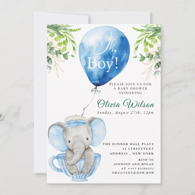 Elephant Baby Shower Invitation for Boy – “Oh Boy! (Front)