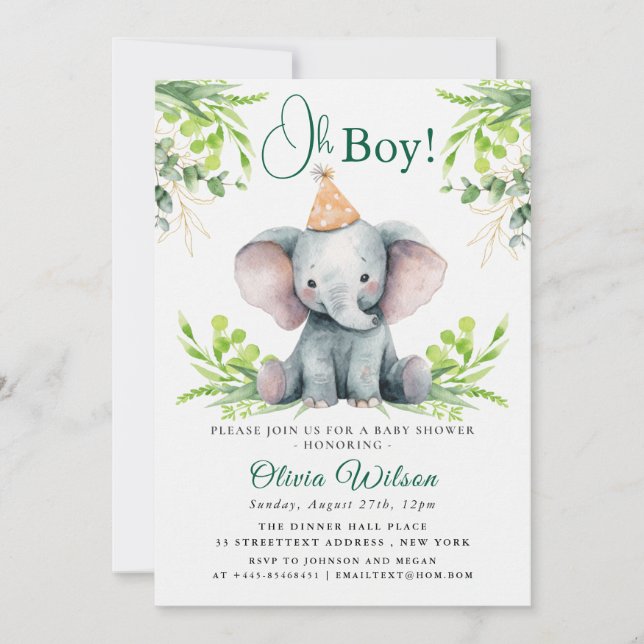 Elephant Baby Shower Invitation for Boy – “Oh Boy! (Front)