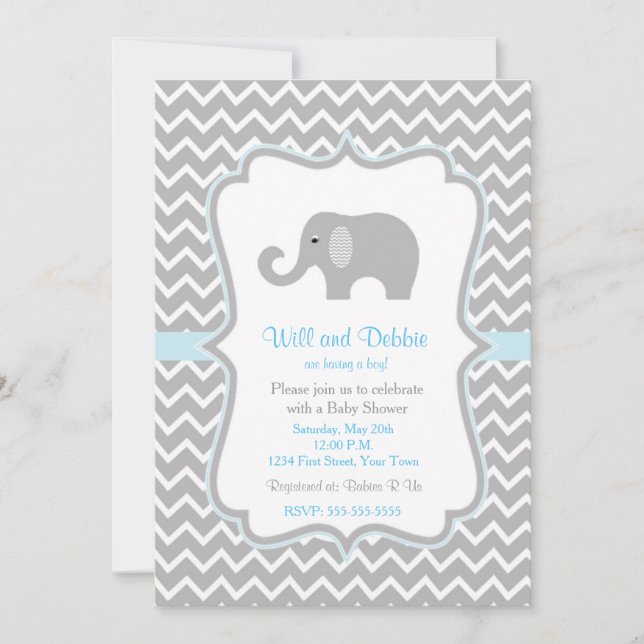 Elephant baby shower invitation for boys (Front)