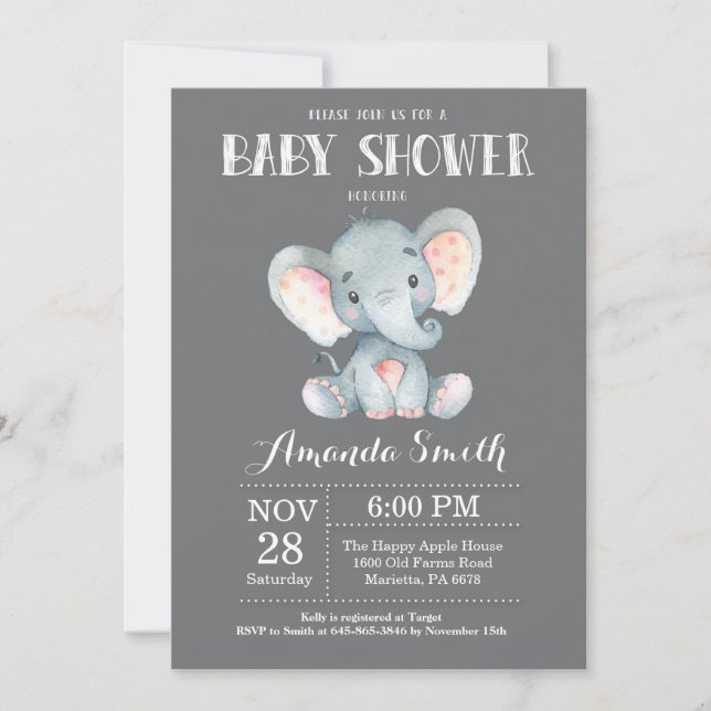Elephant Baby Shower Invitation Grey (Front)