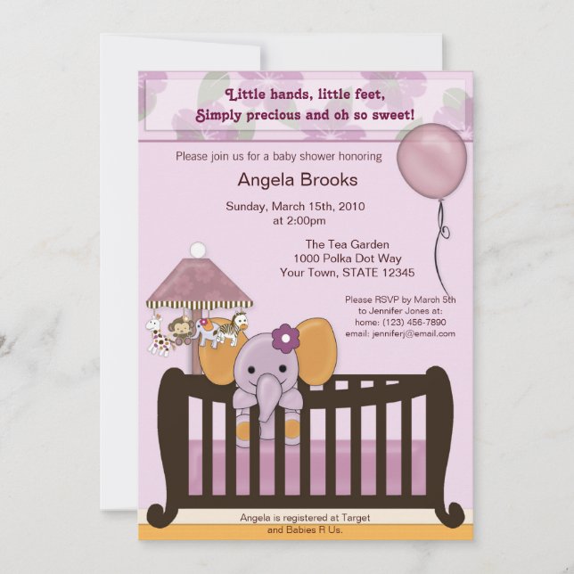 ELEPHANT Baby Shower Invitation in orchid CJE (Front)