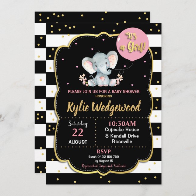 Elephant Baby Shower Invitation It's a Girl (Front/Back)