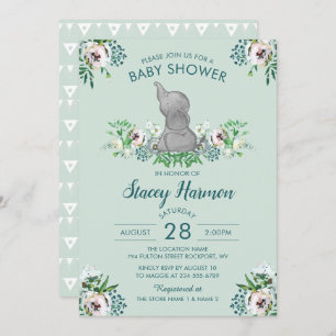 Elephant Baby Shower Invitation Mint Green Floral