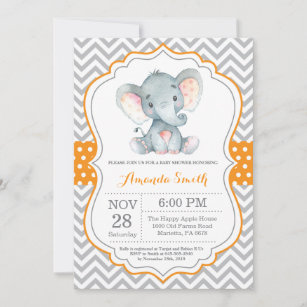Elephant Baby Shower Invitation Orange and Grey