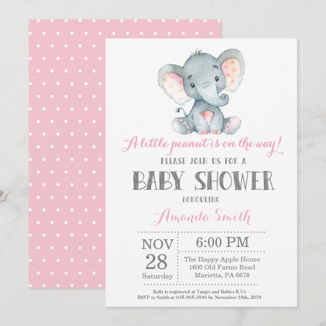 Elephant Baby Shower Invitation Pink and Grey (Front/Back)
