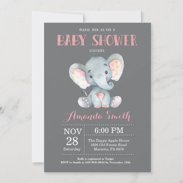 Elephant Baby Shower Invitation Pink and Grey (Front)