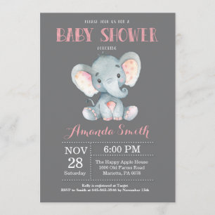 Elephant Baby Shower Invitation Pink and Grey