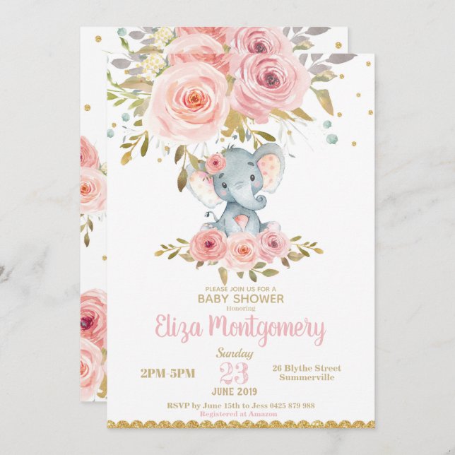 Elephant Baby Shower Invitation Pink Floral Girl (Front/Back)