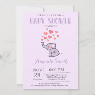 Elephant Baby Shower Invitation Purple and Grey
