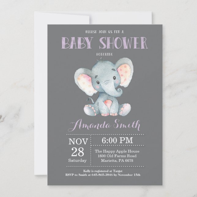 Elephant Baby Shower Invitation Purple and Grey (Front)