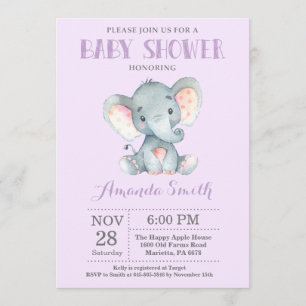 Elephant Baby Shower Invitation Purple and Grey
