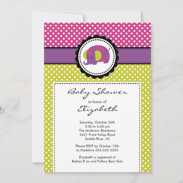 Elephant Baby Shower Invitation Purple Polka Dot (Front)
