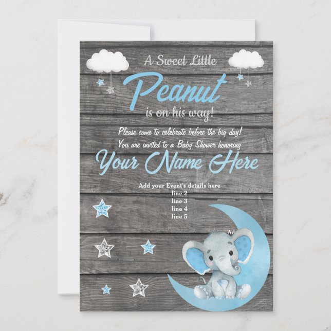 Elephant Baby Shower Invitation, rustic, Blue Invitation (Front)