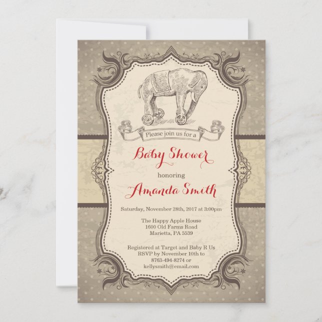 Elephant Baby Shower Invitation Vintage Retro (Front)