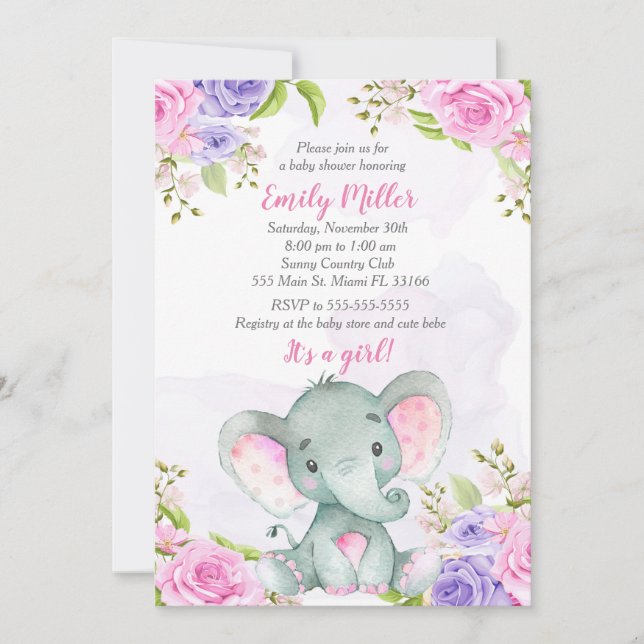 Elephant Baby Shower Invitation Watercolor (Front)