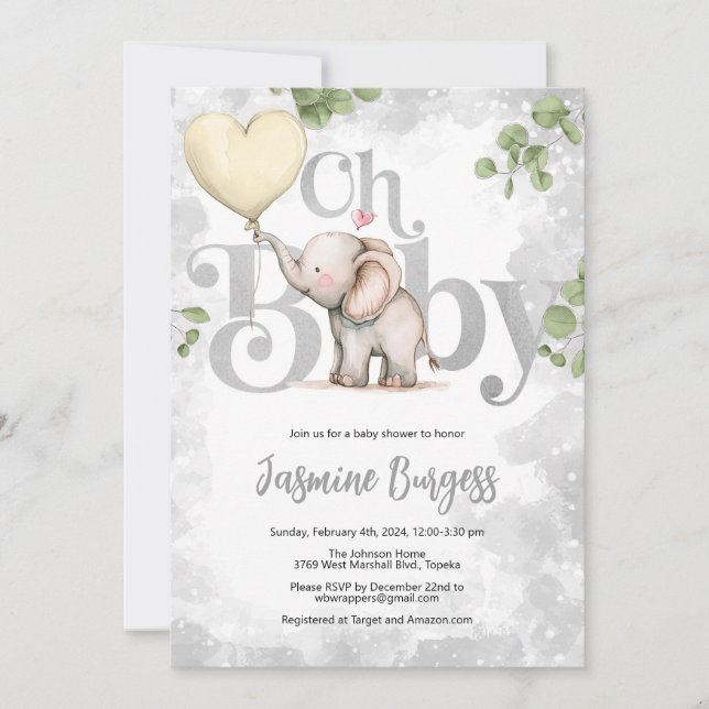 Elephant Baby Shower Invitation - Yellow (Front)