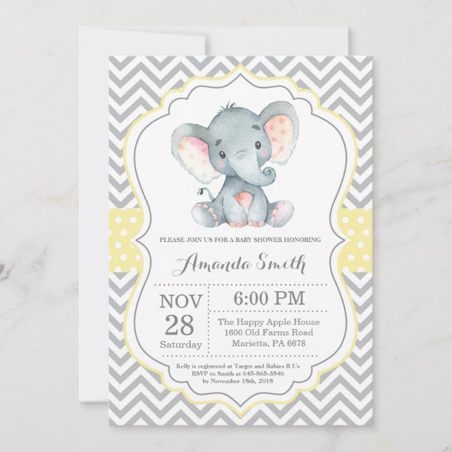 Elephant Baby Shower Invitation Yellow and Grey (Front)