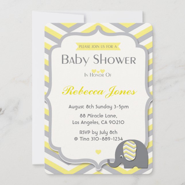 Elephant Baby Shower Invitation Yellow Chevron (Front)