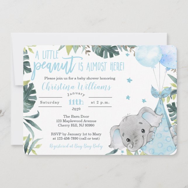 Elephant Baby Shower Invitations for a Boy (Front)