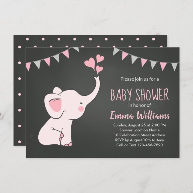 Elephant Baby Shower Invitations for a Girl (Front/Back)