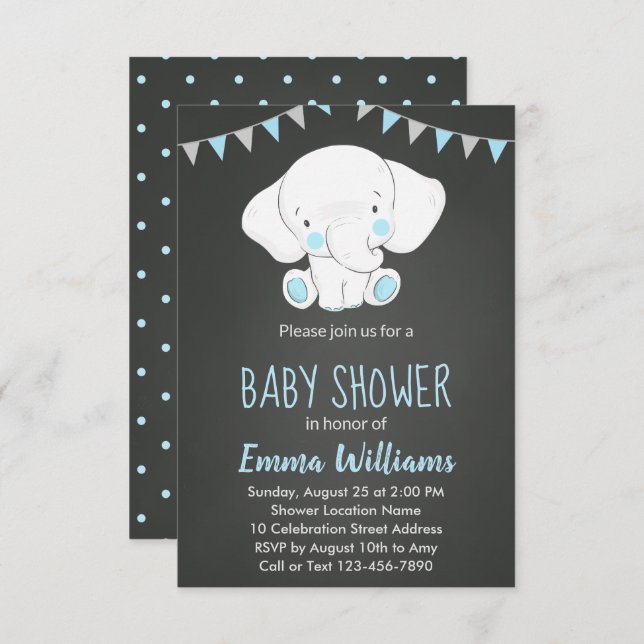 Elephant Baby Shower Invitations for Boy (Front/Back)