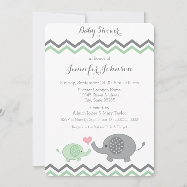 Elephant Baby Shower Invite | Green Grey Chevron (Front)