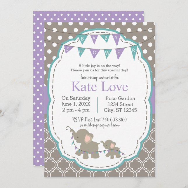 Elephant Baby Shower Lavender Teal  Invitation (Front/Back)