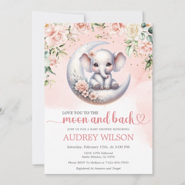Elephant Baby Shower Love You To The Moon And Back Invitation (Front)