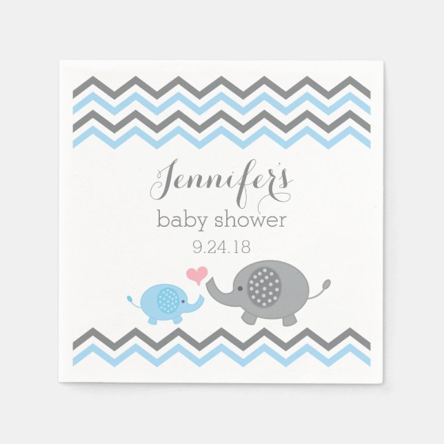 Elephant Baby Shower Napkins Blue Grey Chevron (Front)