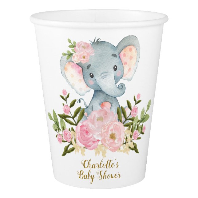 Elephant Baby Shower Paper Cup Pink Gold Flowers (Front)