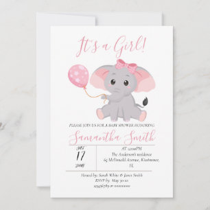 Elephant Baby Shower Pink Balloon Invitation