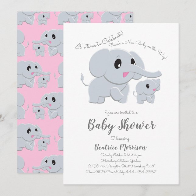 Elephant Baby Shower Pink Girl Invitation (Front/Back)
