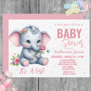Elephant Baby Shower Pink Girl Jungle Safari Invitation