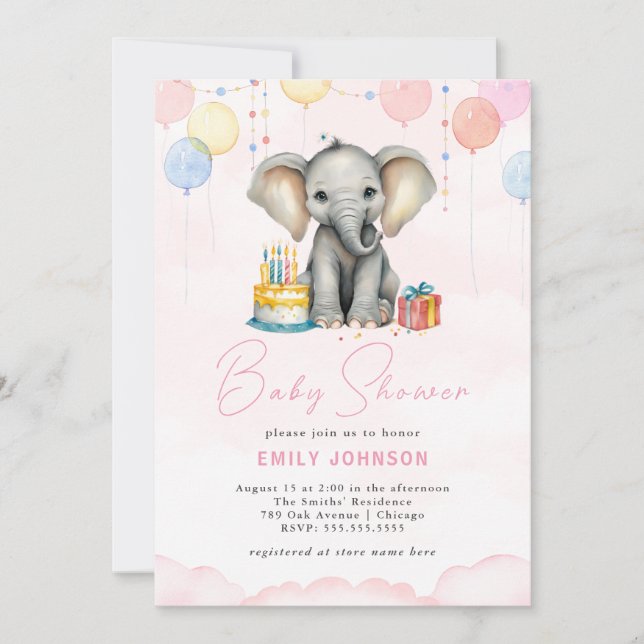 Elephant Baby Shower Pink Invitation (Front)