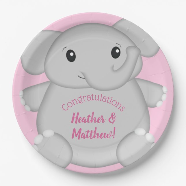 Elephant Baby Shower Pink Safari Girl Paper Plate (Front)