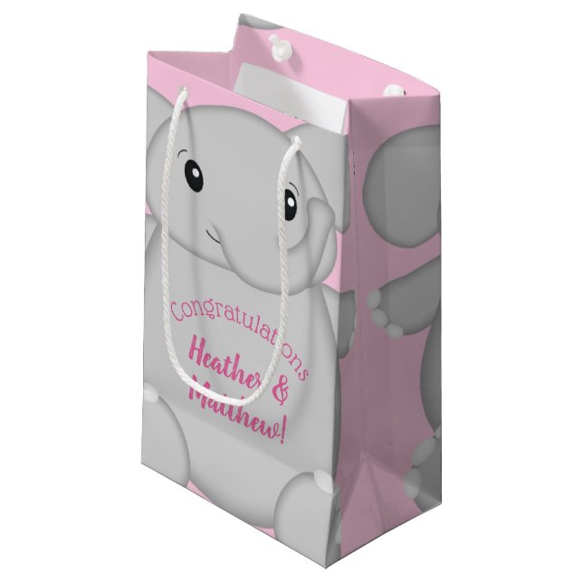 Elephant Baby Shower Pink Safari Girl Small Gift Bag (Front Angled)
