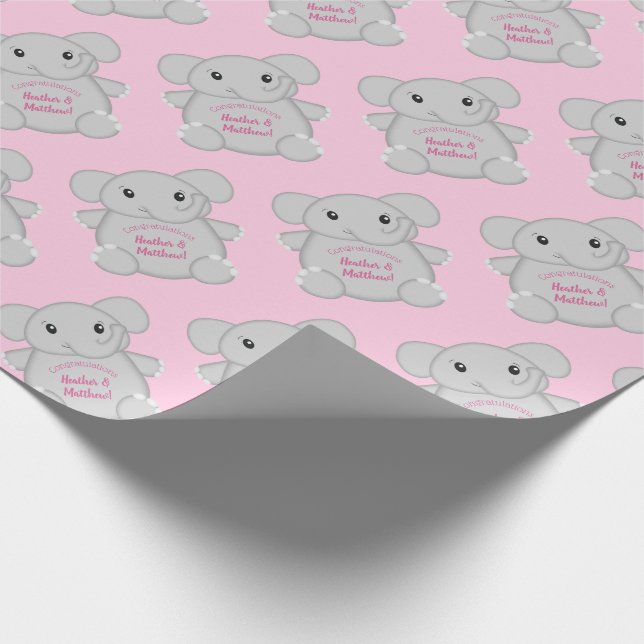 Elephant Baby Shower Pink Safari Girl Wrapping Paper (Corner)
