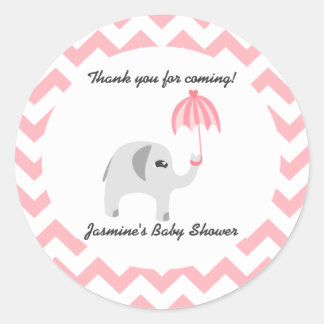 Elephant Baby Shower Pink Umbrella Classic Round Sticker
