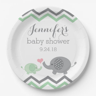 Elephant Baby Shower Plates Green Grey Chevron