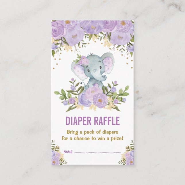 Elephant Baby Shower Purple Floral Diaper Raffle Enclosure Card (Front)