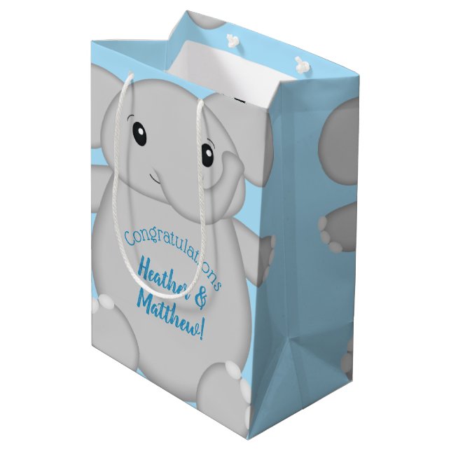 Elephant Baby Shower Safari Blue Boy Medium Gift Bag (Back Angled)