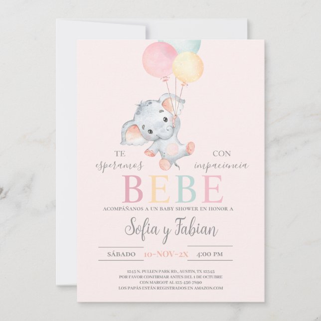 Elephant Baby Shower Spanish Invitation (Front)