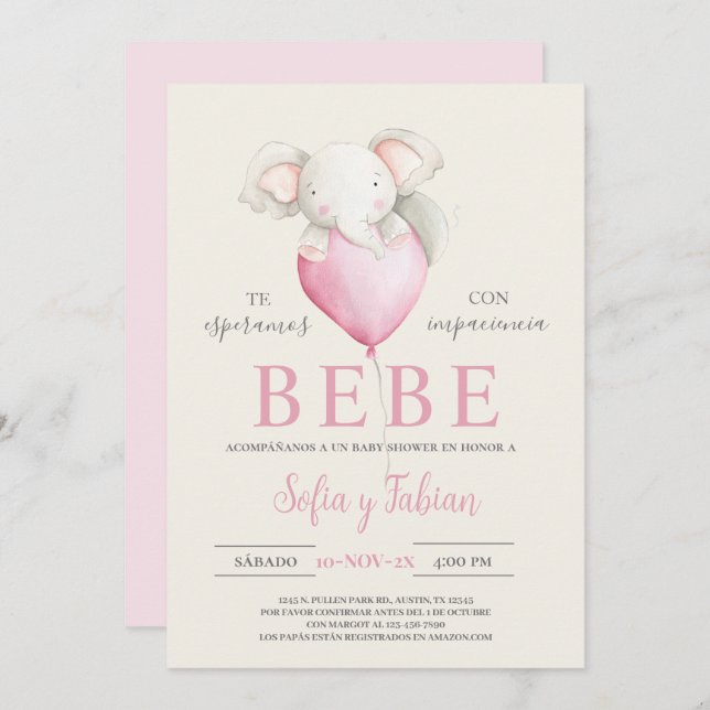 Elephant Baby Shower Spanish Invitation (Front/Back)
