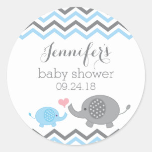 Elephant Baby Shower Stickers   Blue Grey Chevron