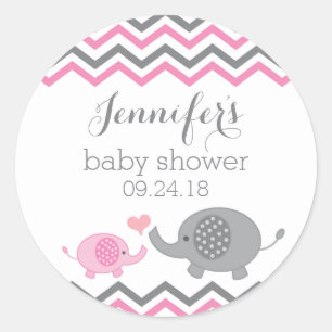 Elephant Baby Shower Stickers   Pink Grey Chevron