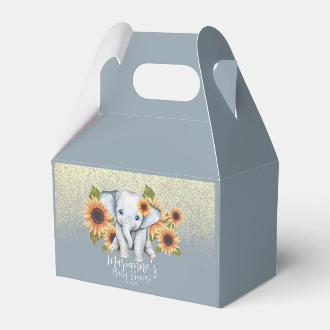 Elephant Baby Shower Sunflower Glitter Dusty Blue Favour Box (Front Side)